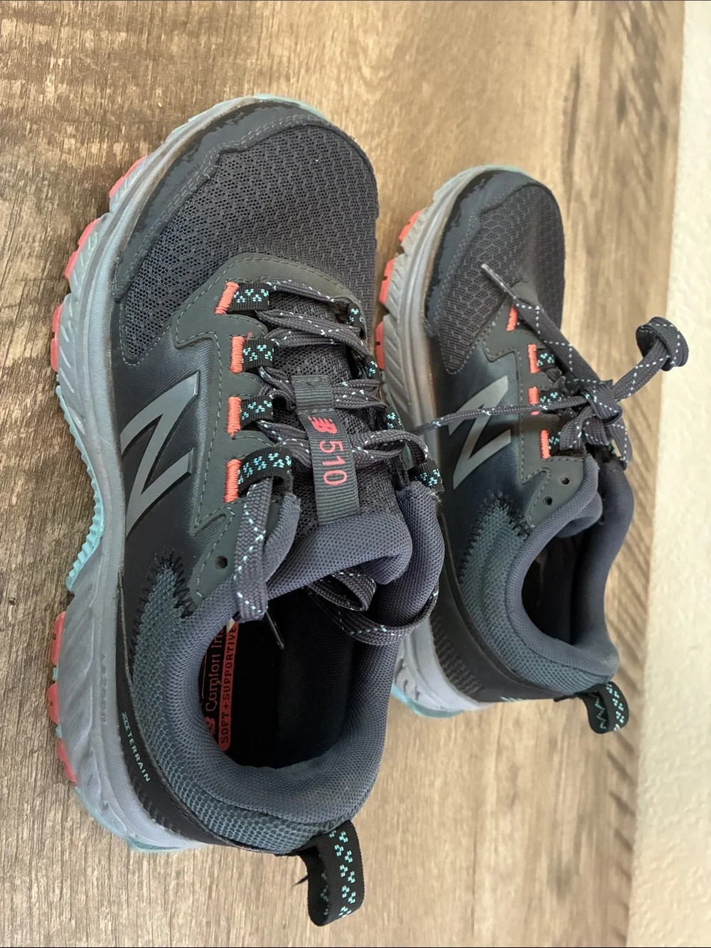 Like New: New Balance Acteva Trail Navy Blue Sneakers with Coral & Blue Accents